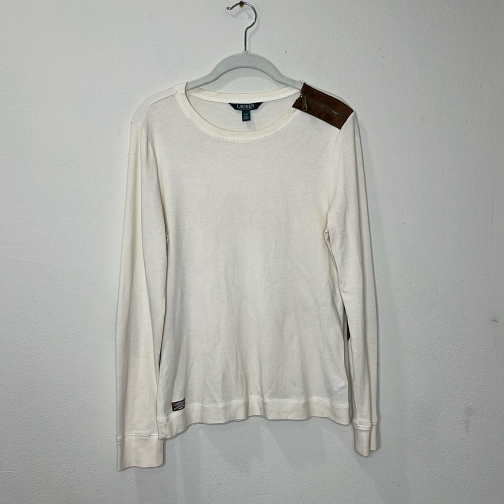 Ralph Lauren LRL Women's L Cream Blouse Shirt Suede Zip Top Shoulder Long Sleeve